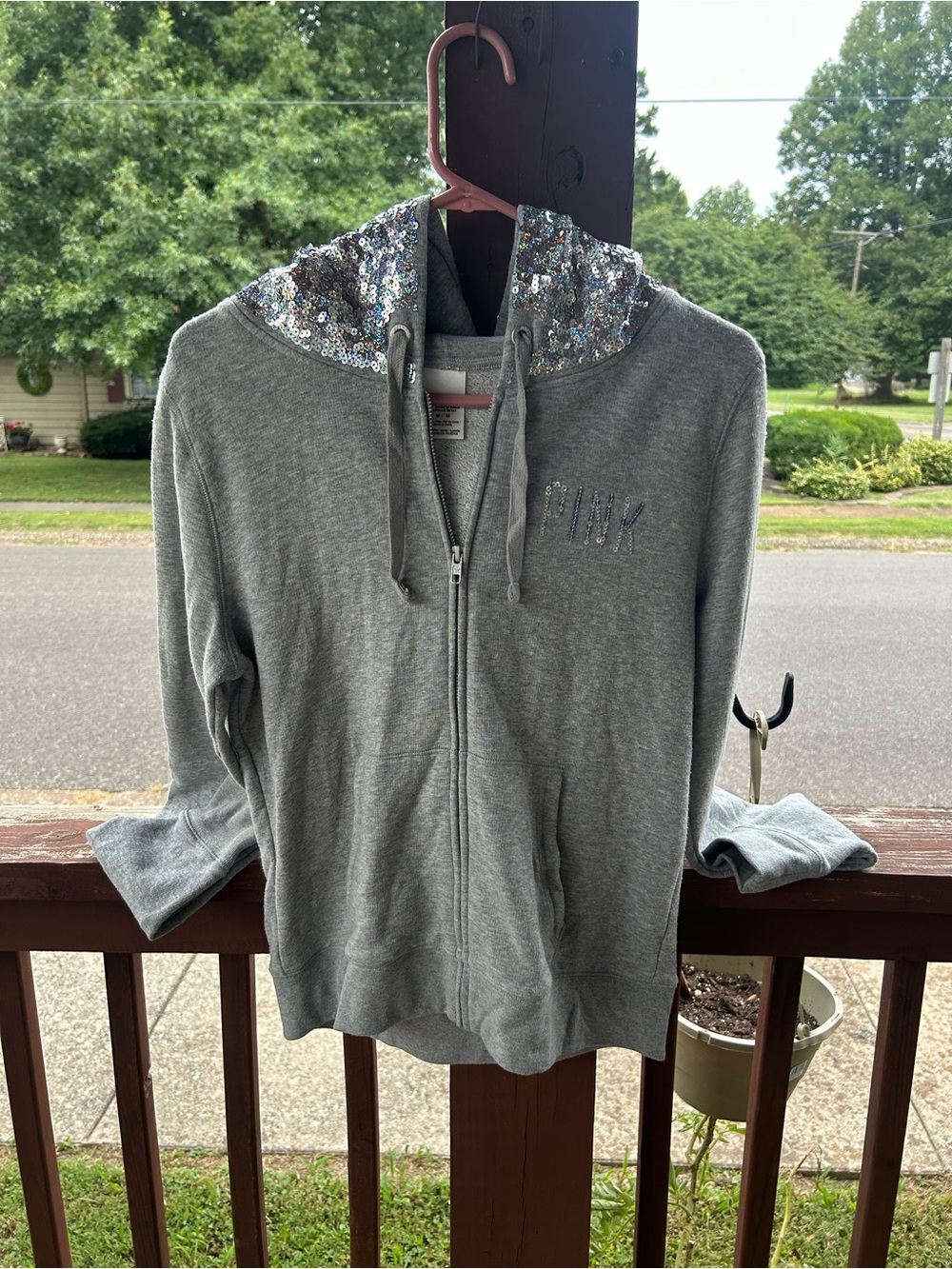 Y2K Gray Sequin Hooded Zip-Up Sweatshirt - PINK